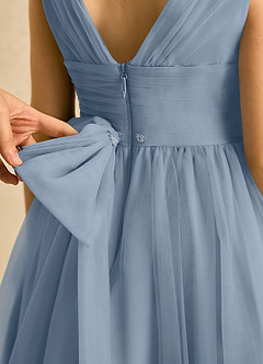 Azazie Macaron Jurken voor bloemenmeisjes A-Lijn Jurk van Tule Geplooid Stoffig Blauw image6