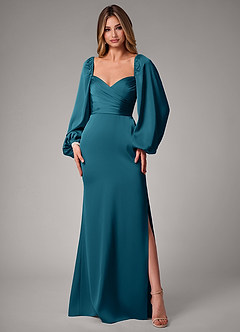Azazie Sonata Bridesmaid Dresses Ink Blue Sheath Long Sleeve Stretch Satin Convertible Dress image3