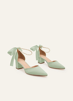 front Matching Color Matte Satin Pearl and Bow Pointed Toe Block Heels