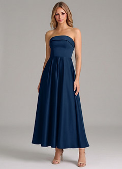 Azazie Lucienne Bridesmaid Dresses Dark Navy A-Line Pleated Stretch Satin Dress image1