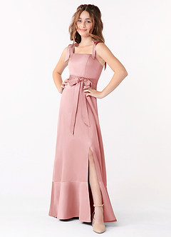 Azazie Barbara Junior Powder Pink A-Line Bow Stretch Satin Dress image1