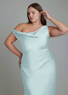 Azazie Emerson Bridesmaid Dresses Mist Mermaid Off the Shoulder Stretch Satin Dress image12