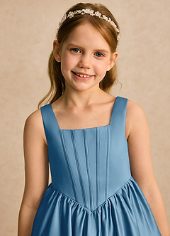 Azazie Myla Blumenmädchenkleider A-Linie Plissee Matte Satin Kleid Stahlblau image6