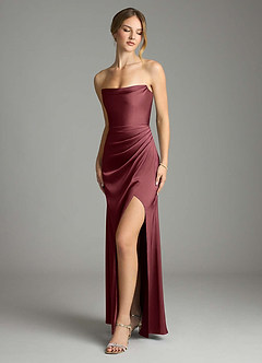 Azazie Leonis Bridesmaid Dresses Merlot Mermaid Pleated Stretch Satin Convertible Dress image1