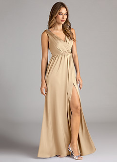 Azazie Tanicia Brautjungfernkleider A-Linie Plissee Stretch-Satin Kleid Champagner image4
