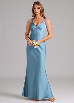 Azazie Kamila Bridesmaid Dresses Steel Blue A-Line Pleated Stretch Satin Dress image4