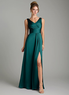 Azazie Karina Bridesmaid Dresses Peacock A-Line Pleated Stretch Satin Dress image6