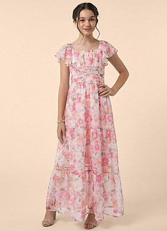 Azazie Elodie Junior Formal Vestido de Sombra Rubor Floral de Gasa de Corte en A con Volante image5