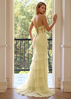 Nerissa Yellow Sequin Embroidery Tier Tulle High Split V-neck Mermaid Marine Prom Dress image6