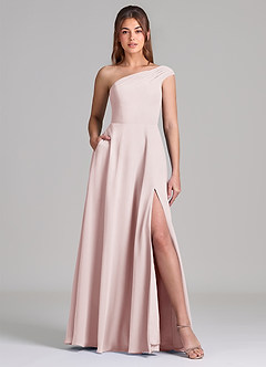 Azazie Melanie 신부 들러리 드레스 A라인 오프 더 숄더 쉬폰 바닥 길이 드레스 image1