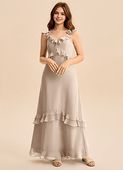 Azazie Tavie Junior Taupe A-Line Ruched Chiffon Dress image1