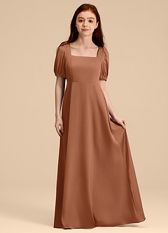 Azazie Briar Junior A라인 절하다 스트레치 새틴 플로어 길이 주니어 신부 들러리 드레스 image3