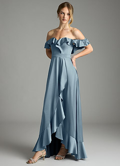 Azazie Lyra Bridesmaid Dresses Dusty Blue A-Line Off the Shoulder Stretch Satin Convertible Dress image7