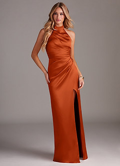 Azazie Jemma Vestidos de damas de honor Vestido de Naranja Quemada de Satén Elástico de Corte Recto con Plisado image3