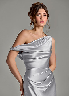 Azazie Emerson Jurken voor bruidsmeisjes Jurk van Metaalachtig Satijn met Zeemeermin Off-shoulder Zilver image7
