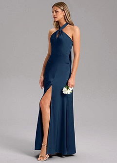 Azazie Tracie Bridesmaid Dresses Dark Navy A-Line Side Slit Stretch Satin Dress image6