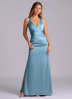 Azazie Amelie Vestidos de damas de honor Vestido de Azul Acero de Satén Elástico de Corte en A con Plisado image1