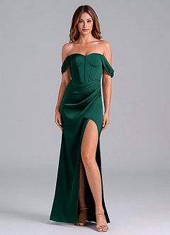Azazie Asha Bridesmaid Dresses Emerald Sheath Off the Shoulder Stretch Satin Convertible Dress image1