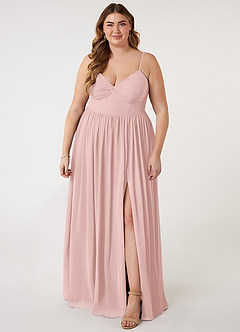 Azazie Zeya Vestidos de damas de honor Vestido de Rosa Empolvado de Gasa de Corte en A con Cuello en V plisado image6