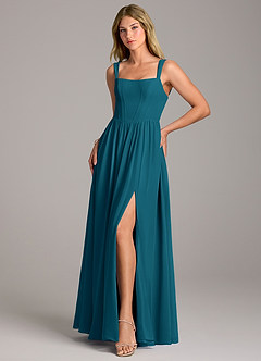 Azazie Rosaline Bridesmaid Dresses Ink Blue A-Line Side Slit Chiffon Dress image3