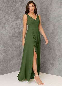 Azazie Kori Final Sale Olive A-Line Pleated Chiffon Dress image1