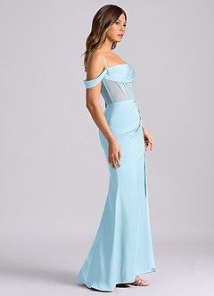 Azazie Alyce Robes de demoiselle d'honneur Robe Sirène Convertible en Satin extensible Épaule décolletée Bleu Ciel image3