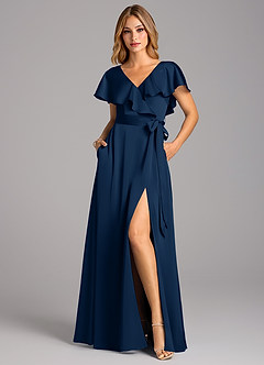 Azazie Lainey Vestidos de damas de honor Vestido de Azul Marino Oscuro de Satén Elástico de Corte en A con Con bolsillos image4