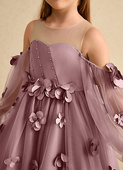 Azazie Karrie Robe Demoiselle D'honneur Fillette Robe Trapèze en Tulle avec manches Rose Poussiéreuse image7
