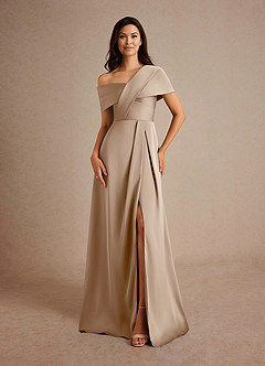 Azazie Milton Mother of the Bride Dresses Taupe A-Line Pleated Stretch Satin Dress image5