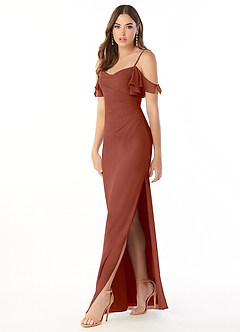Azazie Emeralda Brautjungfernkleider Etui Schulterfrei Chiffon Kleid Rotbraun image1