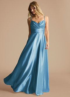 Azazie Oliana Bridesmaid Dresses Steel Blue A-Line Sweetheart Neckline Metallic Satin Dress image2