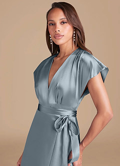 Azazie Nico Bridesmaid Dresses Dusty Blue A-Line Pleated Metallic Satin Dress image2