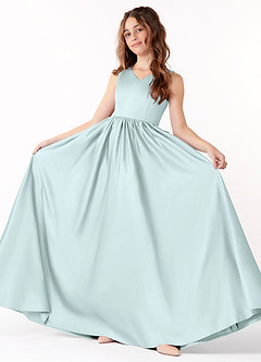 Azazie Hathaway Junior Sea Glass A-Line Bow Stretch Satin Dress image2