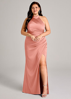 Azazie Jemma Robes de demoiselle d'honneur Robe Fourreau en Satin extensible Plissée Corail image7