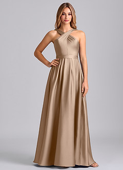 Azazie Dixie Bridesmaid Dresses Taupe A-Line Pleated Stretch Satin Dress image3