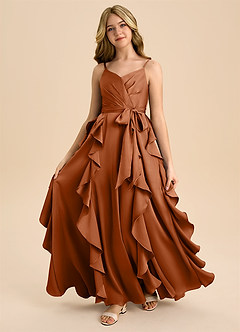 Azazie Peyton Junior Robe Trapèze en Satin extensible Plissée Cuivre image5