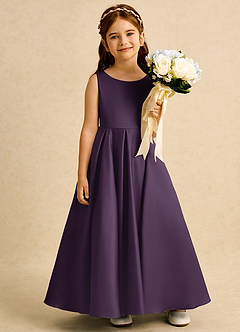Azazie Pepper vestidos de niña de las flores Vestido de Ciruela de Satin Mate de Corte En A con Plisado image6