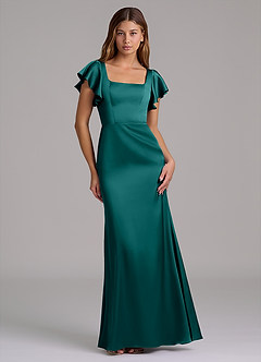 Azazie Elkie Robes de demoiselle d'honneur Robe Sirène en Satin extensible Col Carré Paon image1