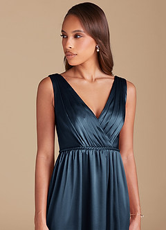 Azazie Tanicia Brautjungfernkleider A-Linie Plissee Metallischer Satin Kleid Dunkelmarine image2