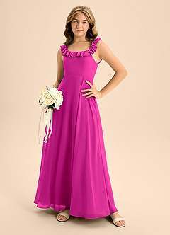 Azazie Callie Junior Abito A-Line in Chiffon Increspato Fucsia image3