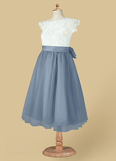 Azazie Vetty Flower Girl Dresses Ivory Dusty Blue A-Line Lace Tulle Dress image14