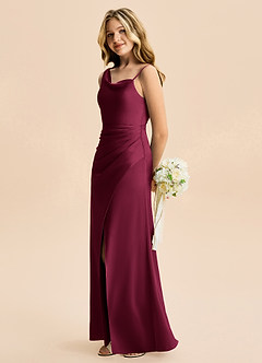 Azazie Abby Junior Burgundy Sheath Pleated Stretch Satin Dress image3