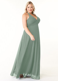 Azazie Tessie Vestidos de damas de honor Vestido de Salvia Plateada de Gasa de Corte en A con Cuello en V plisado image8