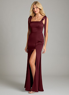 Azazie Frostine Vestidos de damas de honor Vestido de Cabernet de Satén Elástico de Corte en A con Lazo image1
