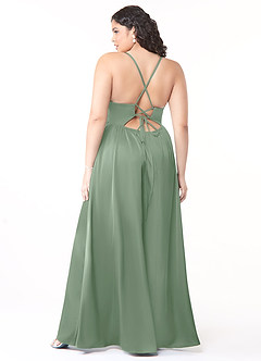 Azazie Raya At-home Try On Dresses Matcha A-Line V-Neck Pleated Stretch Satin Dress image8