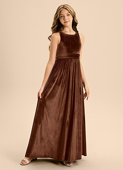 Azazie Jaylah Junior A-Linie Plissee Samt Kleid Umber image5