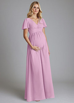 Azazie Verna vestidos de dama de honor de maternidad Vestido de Corte en A Cuello en V fruncido Hasta el suelo Gasa image3