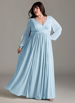 Azazie Norah Bridesmaid Dresses Sky Blue A-Line V-Neck Long Sleeve Chiffon Dress image8