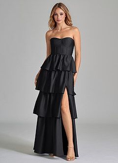 Azazie Faye Bridesmaid Dresses Black A-Line Ruched Stretch Satin Dress image4