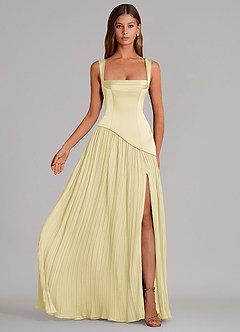 Azazie Stephanie Bridesmaid Dresses Lemon Sorbet A-Line Pleated Stretch Satin Dress image4
